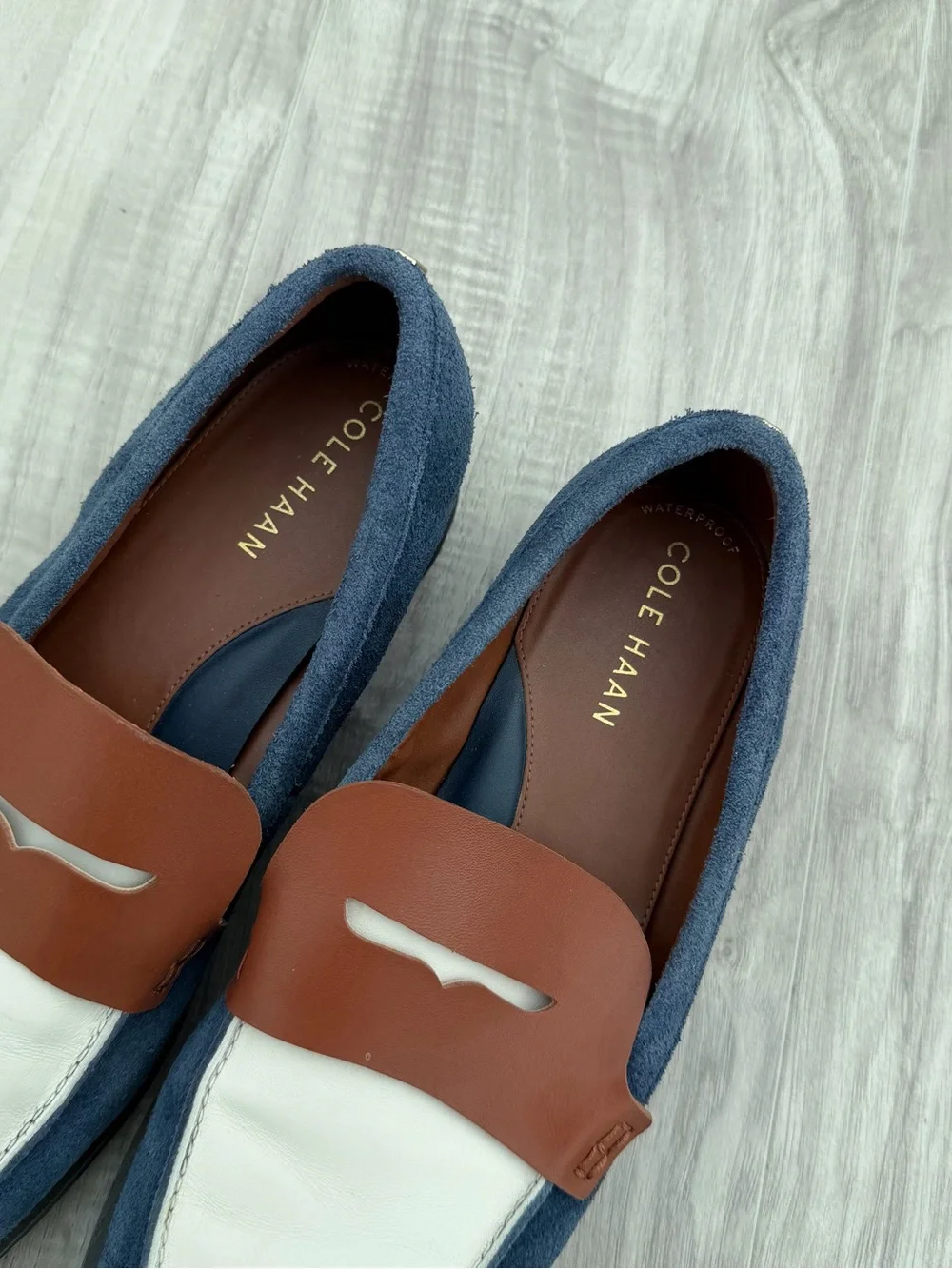 Cole Haan Blue Suede, White Leather & Brown Penny Loafers